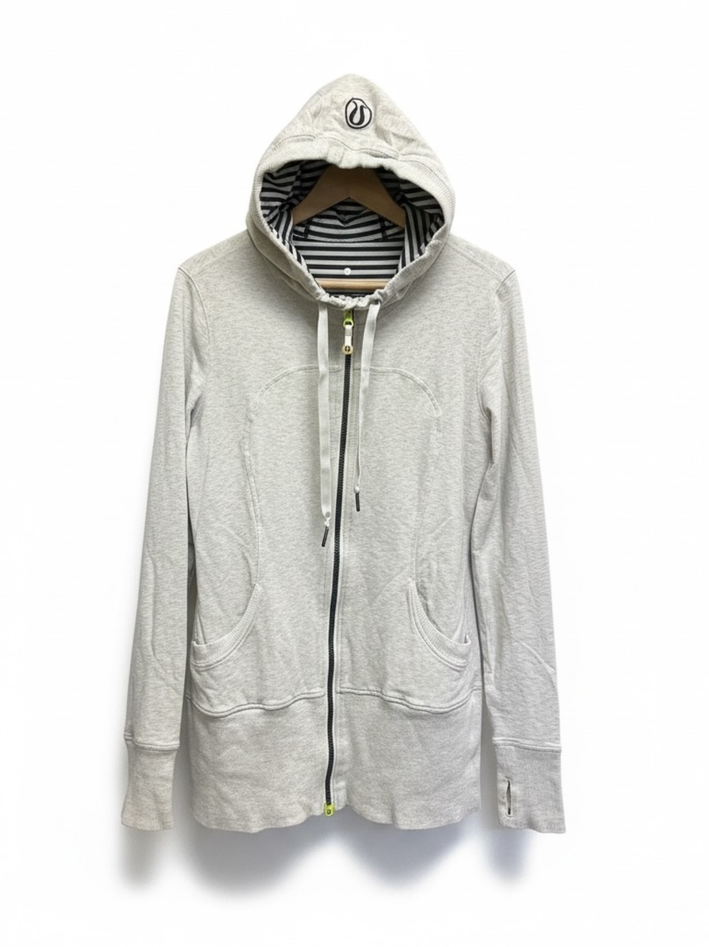 Lululemon Grey Longline Full Zip Hoodie Jacket Striped Hood Lining Size 12